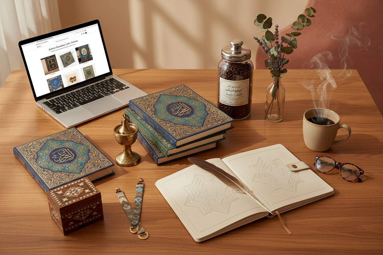 Create a clean, elegant visual for the online shop of “Juthoor Bookshop Café” in Berlin.
• A curated selection of books, specialty coffee beans, notebooks, and cultural items arranged neatly on a wooden table.
• Soft neutral background with warm beige and earthy tones.
• A laptop or tablet open to an online bookstore website, subtly visible.
• Natural daylight, minimal shadows, calm and modern aesthetic.
• Small details: a cup of coffee, reading glasses, bookmarks, dried flowers.
• Mood: thoughtful, cultura