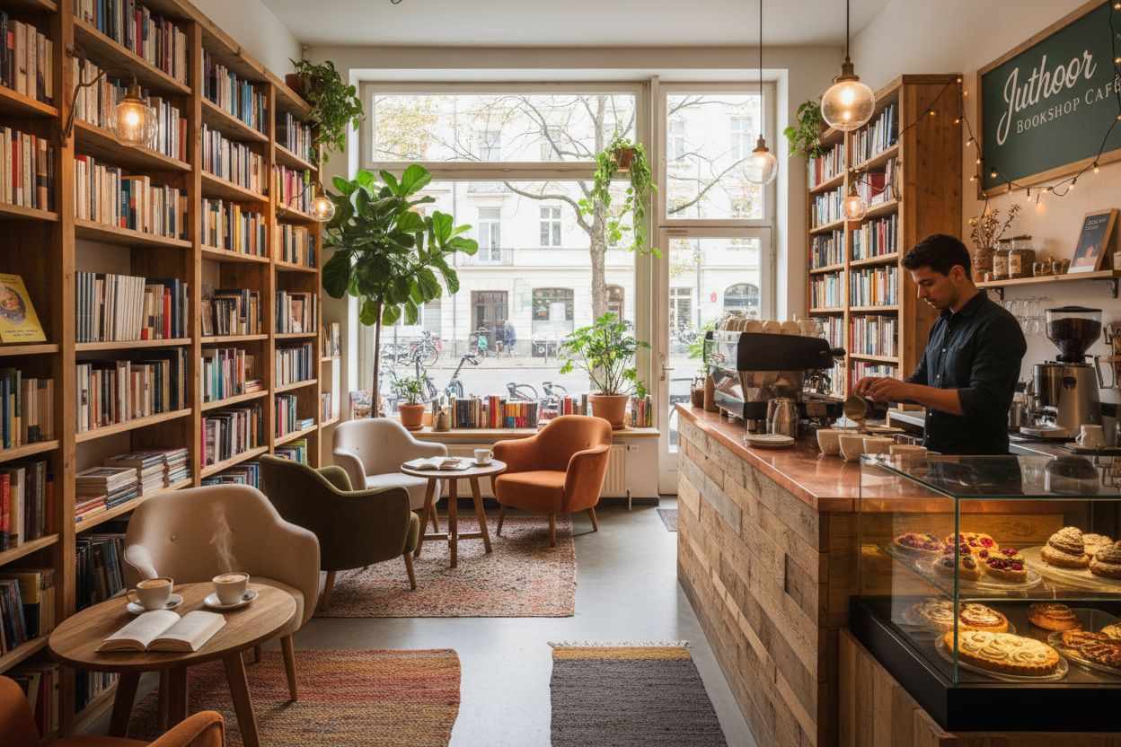 Create a cozy, inviting interior scene of a modern independent bookstore and café called “Juthoor Bookshop Café” in Berlin.
• Warm natural light flooding through large windows with views of Pariser Straße.
• Wooden bookshelves filled with diverse international books in multiple languages.
• Comfortable reading nooks with cushioned chairs, small tables, and cups of steaming coffee.
• A barista at a rustic espresso bar serving latte art, handmade pastries on display.
• Soft ambient light, potted plants, textu