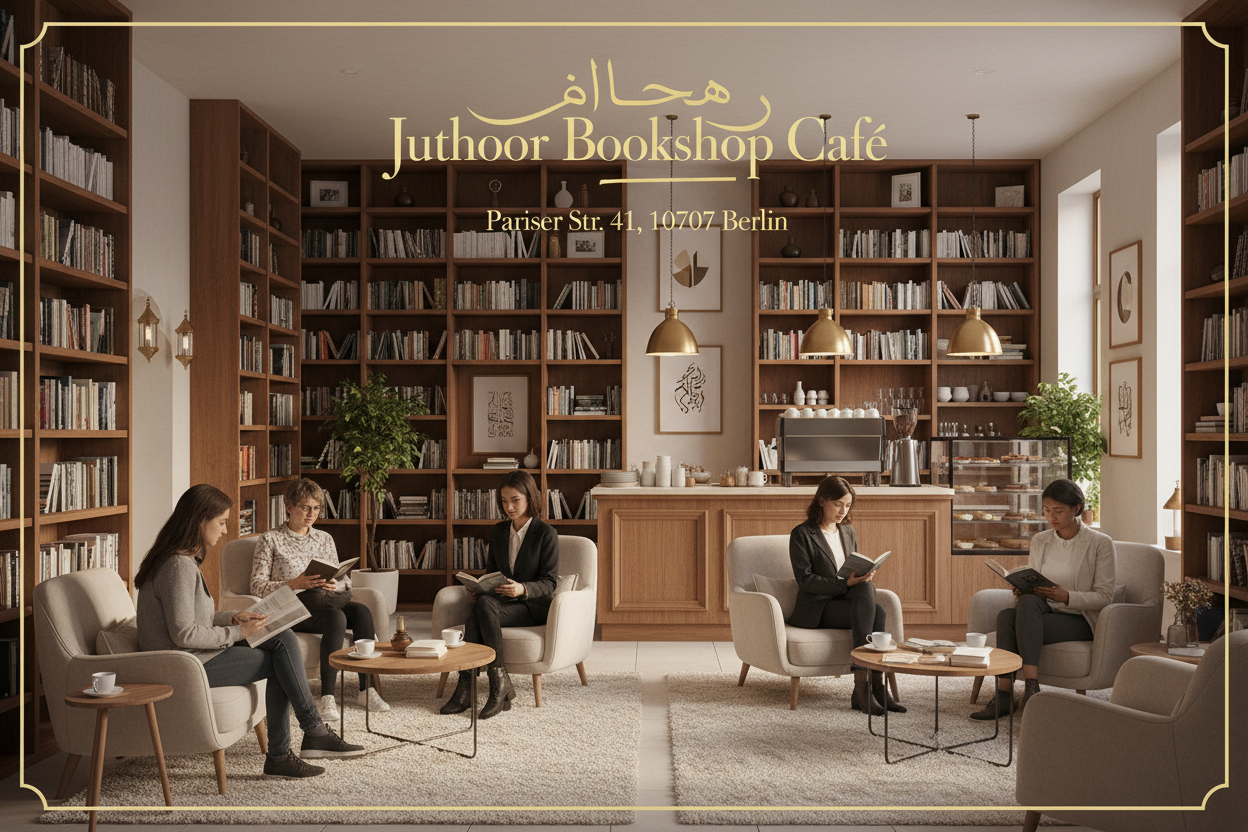 Juthoor bookshop caffe. address is Pariser str 41, 10707 Berlin